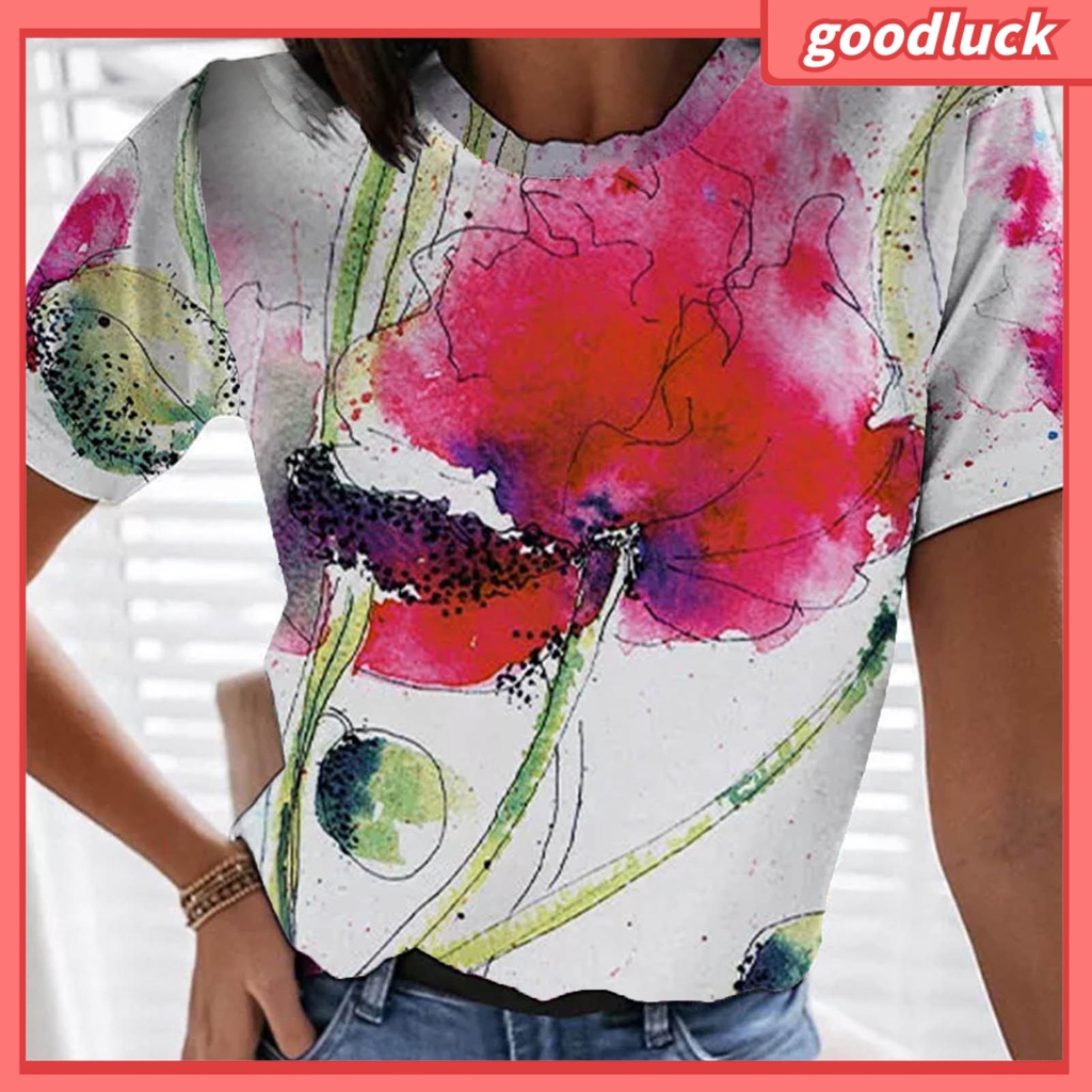 Áo Sơ Mi Cổ Tròn Dáng Rộng In Họa Tiết Hoa Màu Nhuộm Thoải Mái Thời Trang Mùa Hè Cho Nữ