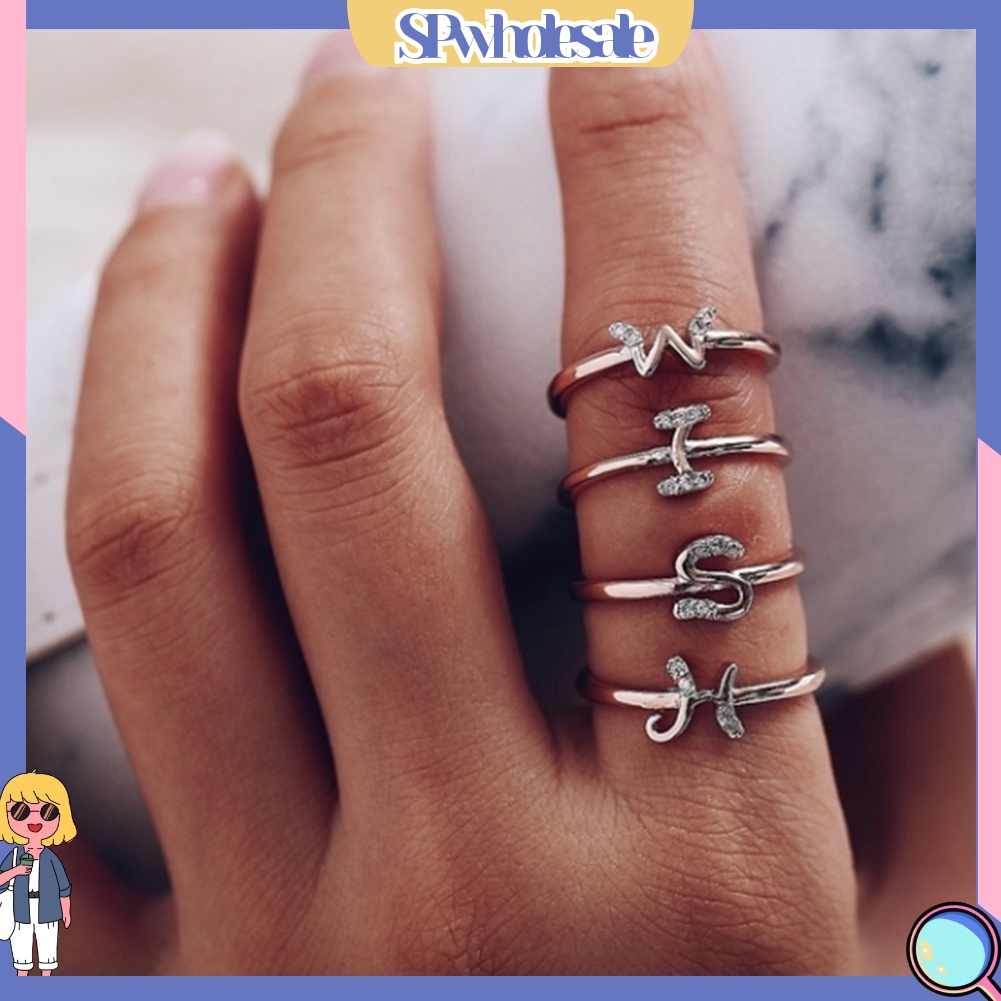 &lt;SPwholesale&gt; Nhẫn Hở Khắc Chữ A Đến Z Đính Đá Thời Trang Cho Nữ
