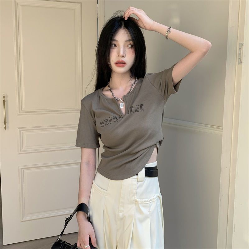 COZOKC Áo Thun Tay Ngắn Cổ Chữ V In Chữ Phong Cách Vintage