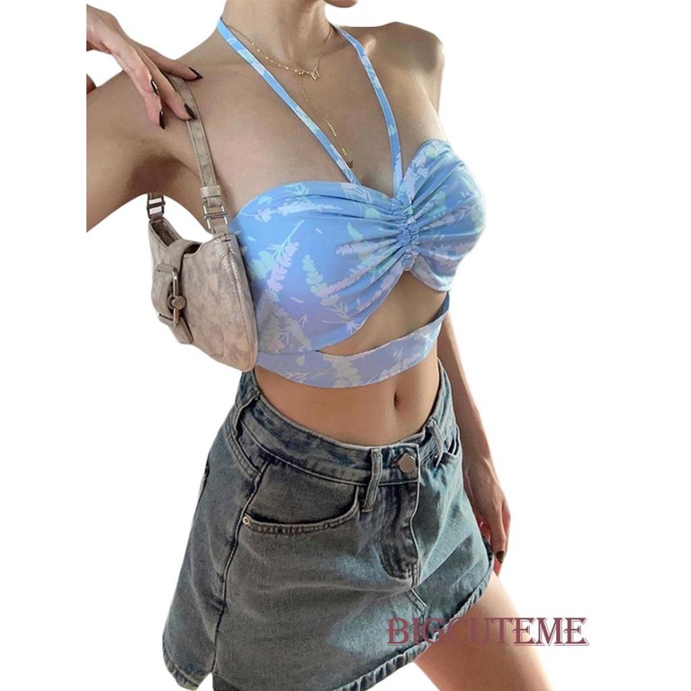 Áo Croptop Sát Nách Dây Rút Hở Lưng In Họa Tiết Thời Trang Mùa Hè Cho Nữ