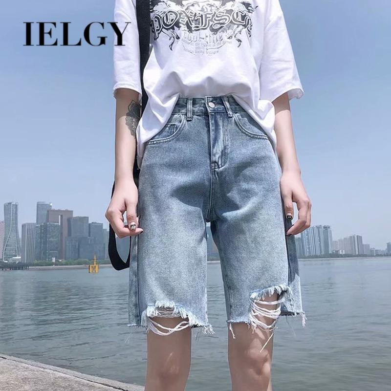 IELGY    Quần Short denim Rách Lưng Cao Dáng Chữ a Thời Trang Cho Nữ