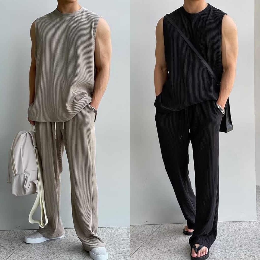 Bộ mùa hè nam Set Áo vest + Quần Dài Dáng Rộng Thiết Kế Đơn Giản Thời Trang Mùa Hè Chất Lượng Cao Cho Nam Mùa hè Ice Silk nhanh khô Set Vest quần thiết lập