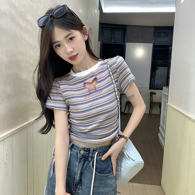 Áo Thun Ngắn Tay Khoét Lỗ Họa Tiết Sọc Hình Bướm Thời Trang Dành Cho Nữ