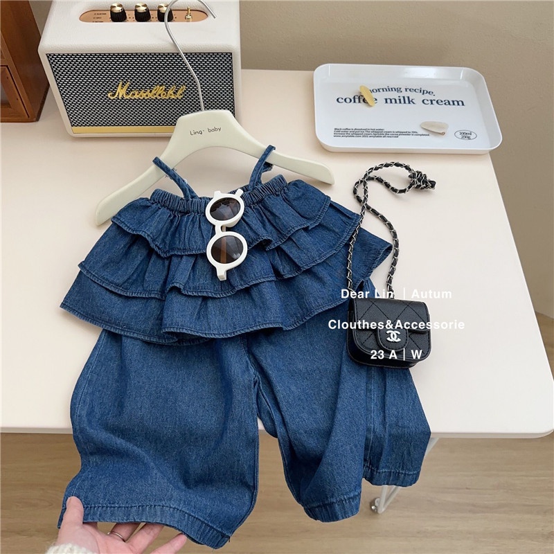 Set Áo Hai Dây Denim + Quần Ống Rộng Thời Trang Mùa Hè Cho Bé Gái
