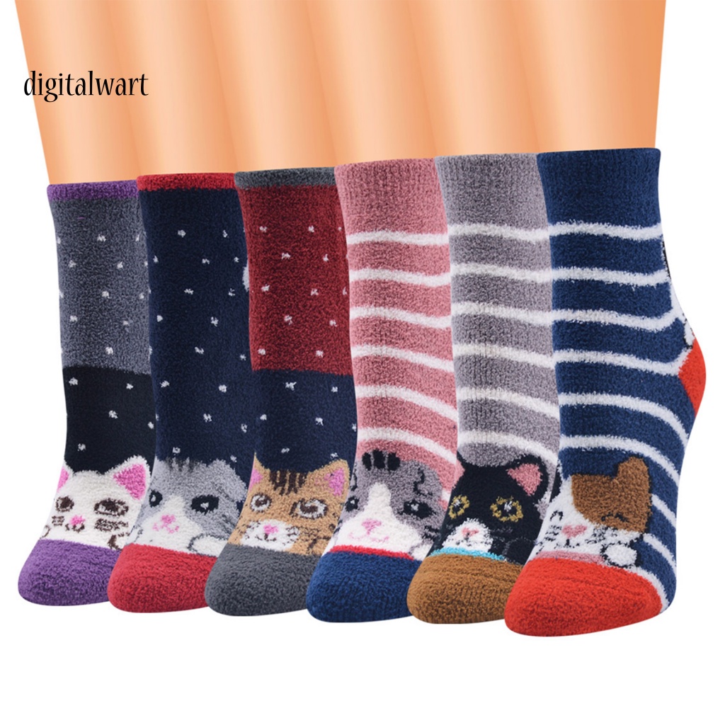 Kỹ Thuật Số| Vớ Nhung San Hô Mềm Mại Họa Tiết Mèo / Kẻ Sọc / Chấm Bi Giữ Ấm Mùa Đông Cho