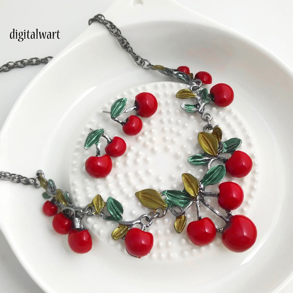 Kỹ Thuật Số| Bộ Vòng cổ + Bông Tai Hình Quả Cherry Đỏ Thời Trang Cho Nữ