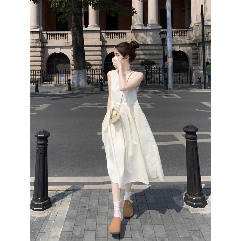 Đầm Trắng Không Tay Dáng Chữ A Ôm Eo Phong Cách Pháp Thời Trang Mùa Hè Cho Nữ