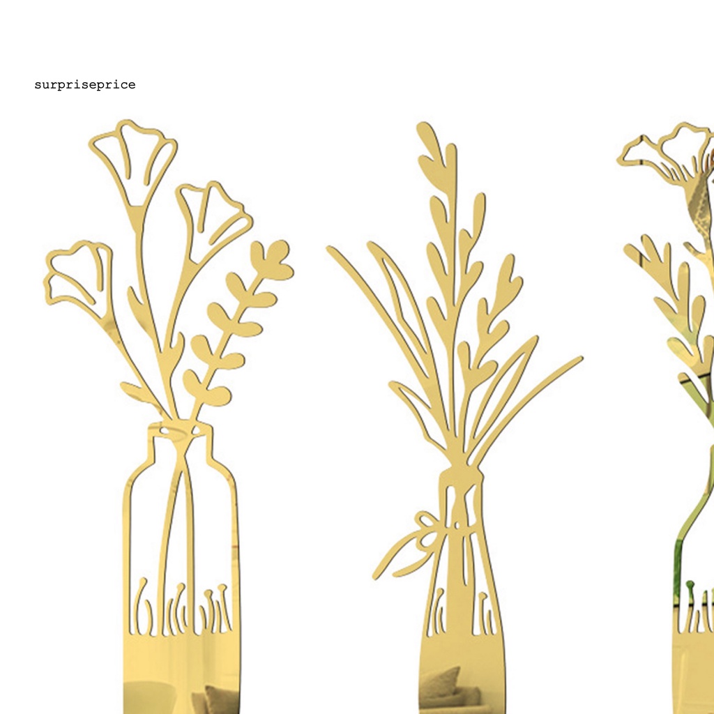 Bộ 3 Miếng Dán Tường Bằng Acrylic Tráng Gương Hình Lọ Hoa Lấp Lánh Trang Trí Nhà Cửa