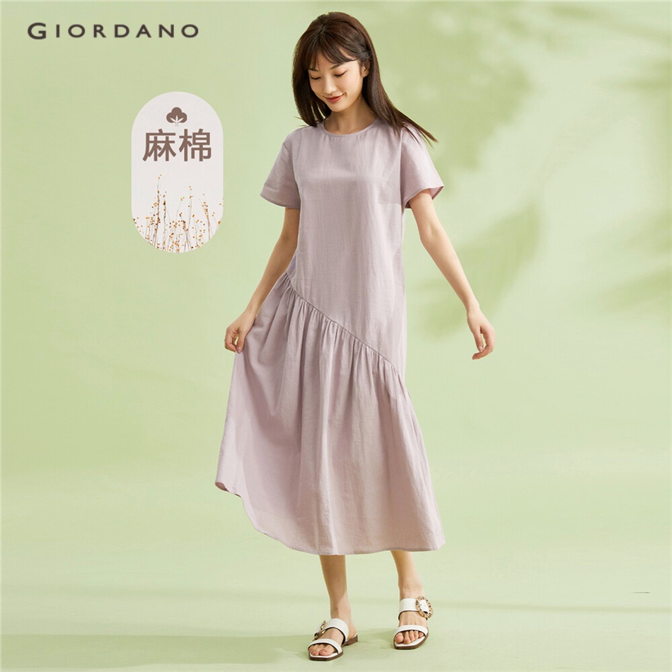 Đầm nữ GIORDANO 05463334 vải linen cotton nhún bèo thời trang