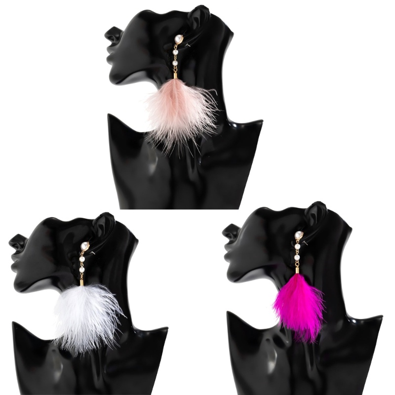 Flgo Bông Tai Dáng Dài Hình Lông Vũ Đính Ngọc Trai Nhân Tạo Phối Tua Rua Thời Trang