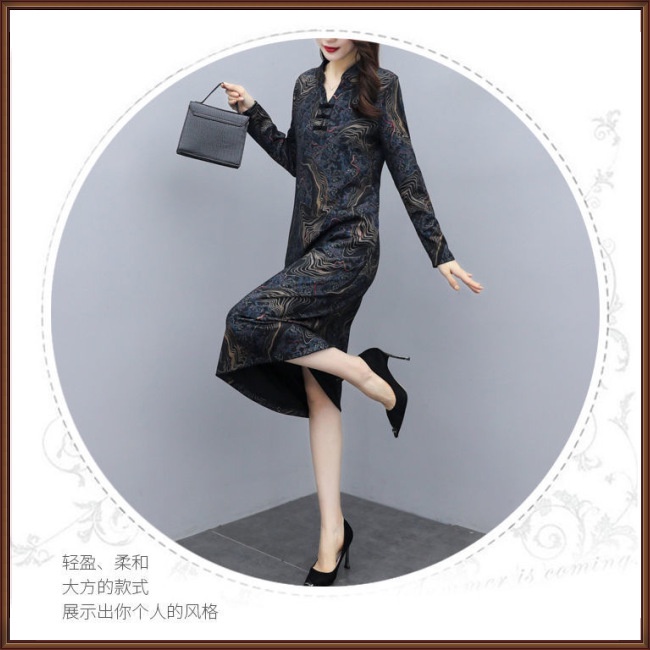 Đầm Tay Dài Cổ Chữ V Dáng Rộng In Họa Tiết Hoa Phong Cách Cổ Điển Thời Trang Cho Nữ