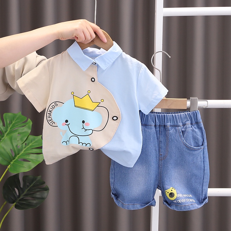 Bộ Áo Thun In Hình Chú Voi + Quần Ngắn Thời Trang Mùa Hè Cho Bé Trai + Gái