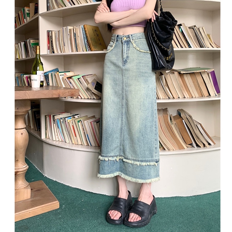 Chân Váy Denim Dài Dáng Chữ a Lưng RENJIANVSHENG Cao Thiết Kế Trẻ Trung Cho Nữ