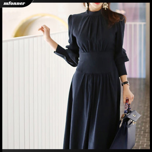 Đầm Dài Tay Cổ Đứng Màu Trơn Thiết Kế Ôm Sát Tôn Dáng Thời Trang Dành Cho Nữ