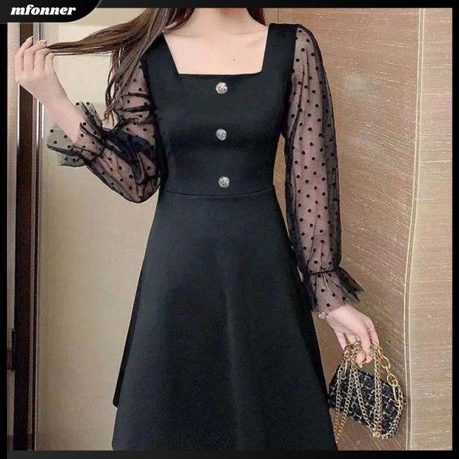 Đầm Chữ A DàI Tay Cổ Vuông, MàU SắC Trơn Cho Nữ