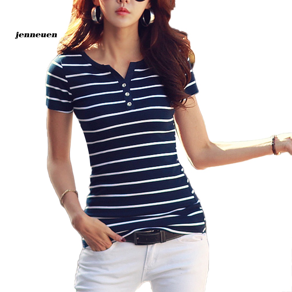Áo Thun Cotton Cổ Chữ V Tay Ngắn Dáng Ôm Họa Tiết Kẻ Sọc Phối Nút Dành Cho Nữ