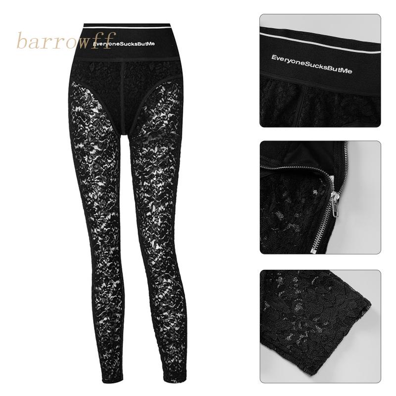 Quần Legging Lưng Cao Phối Ren Xuyên Thấu In Chữ Thời Trang Mùa Hè Quyến Rũ Cho Nữ