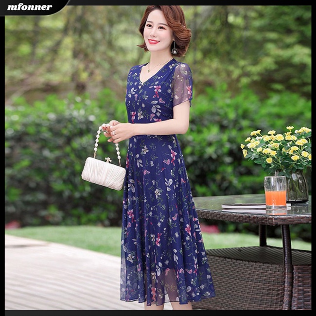 Đầm Tay Ngắn Cổ Chữ V In Họa Tiết Hoa Thời Trang Xinh Xắn Cho Nữ