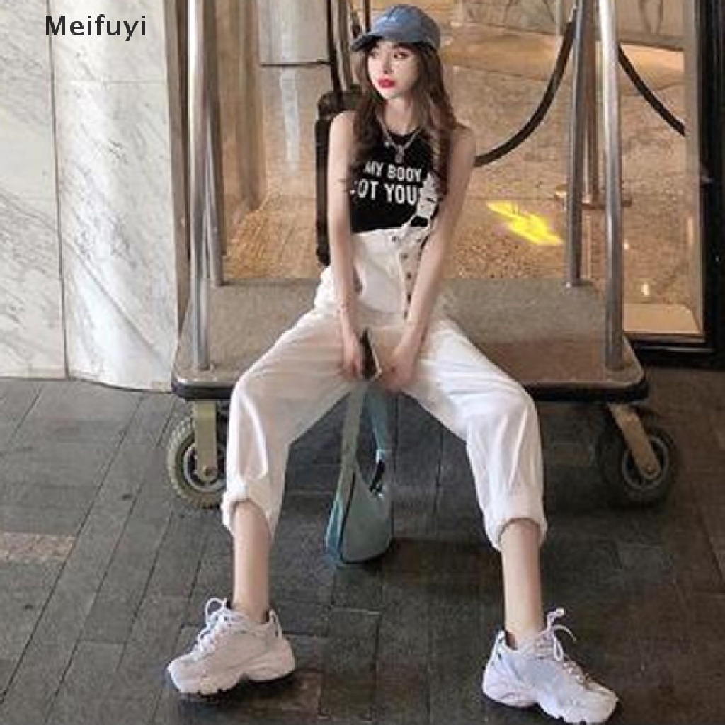 [Meifuyi] Áo Liền Quần Denim Ống Rộng Lệch Vai Màu Trắng Thiết Kế Không Đều Eo Cao Đường Phố