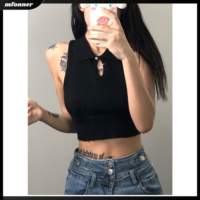 Áo Croptop Dệt Kim Không Tay Màu Sắc Đơn Giản Cho Nữ