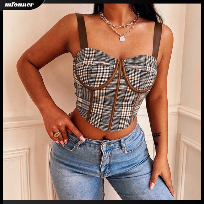 Áo Hai Dây Dáng Ngắn Họa Tiết Sọc Caro Phong Cách Âu Mỹ Quyến Rũ Cho Nữ