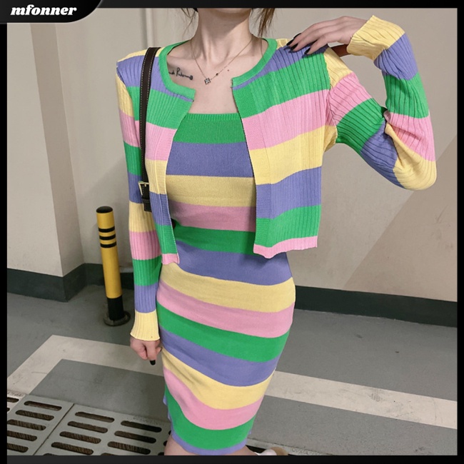 Đầm / Áo Khoác Cardigan Dệt Kim Dáng Ngắn Họa Tiết Kẻ Sọc Nhiều Màu Xinh Xắn Cho Nữ