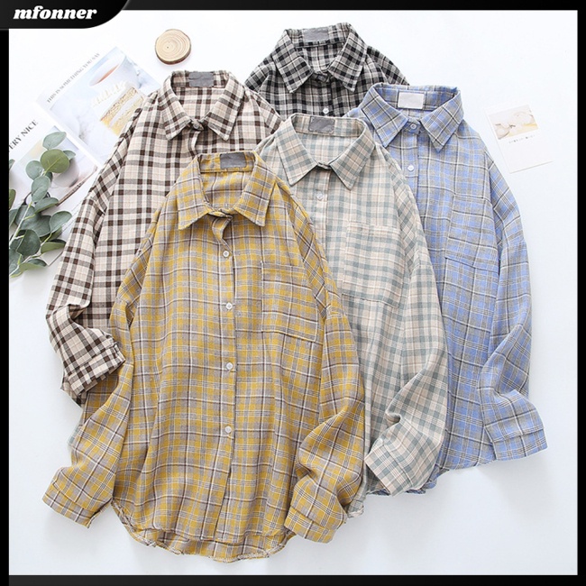 Áo Sơ Mi Caro Tay Dài Dáng Rộng Có Túi Trẻ Trung Hợp Thời Trang Cho Bạn Gái