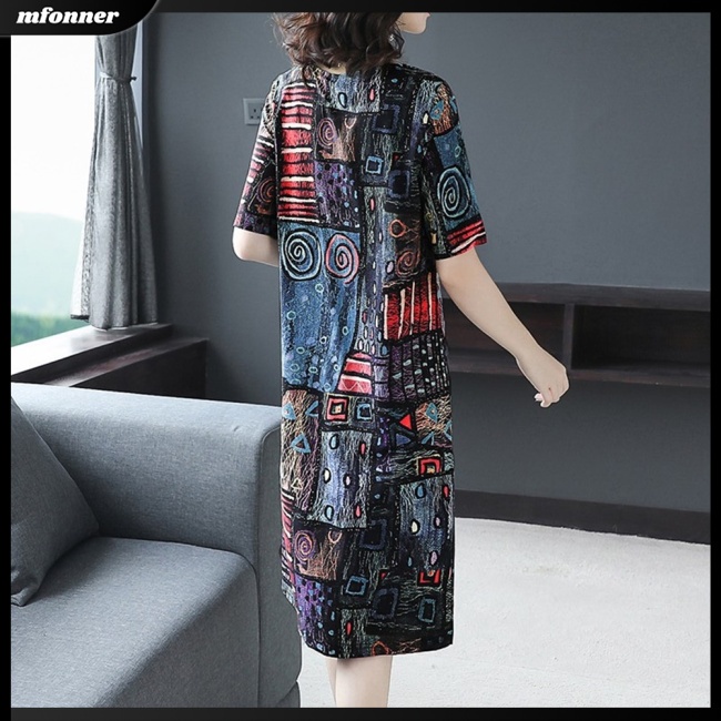 Đầm Midi Tay Ngắn Cổ Tròn In Họa Tiết Phong Cách Cổ Điển Thời Trang Cho Nữ