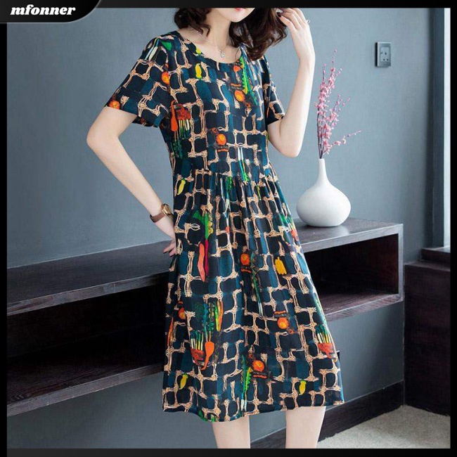 Đầm Tay Ngắn Cổ Tròn Dáng Rộng In Hoa Thời Trang Mùa Hè Xinh Xắn Cho Nữ