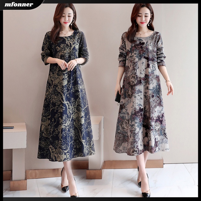 Đầm Tay Dài Dáng Rộng Chiết Eo In Họa Tiết Xinh Xắn Thời Trang Cho Nữ