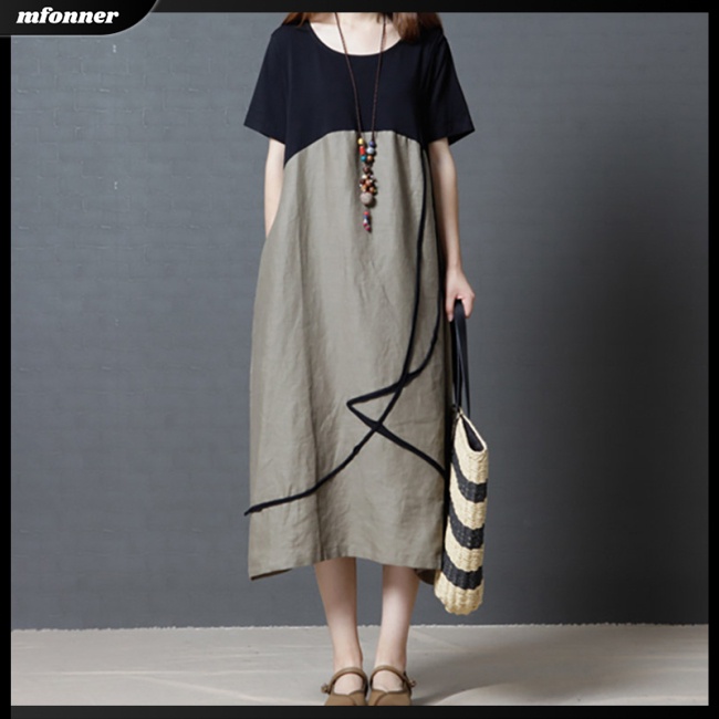 Đầm Cổ Tròn Size Lớn Phối Màu Thời Trang Mùa Hè Cho Nữ