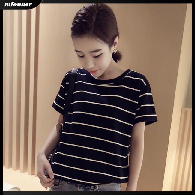 Áo Thun Tay Ngắn Dáng Rộng Họa Tiết Kẻ Sọc Thời Trang Cho Nữ