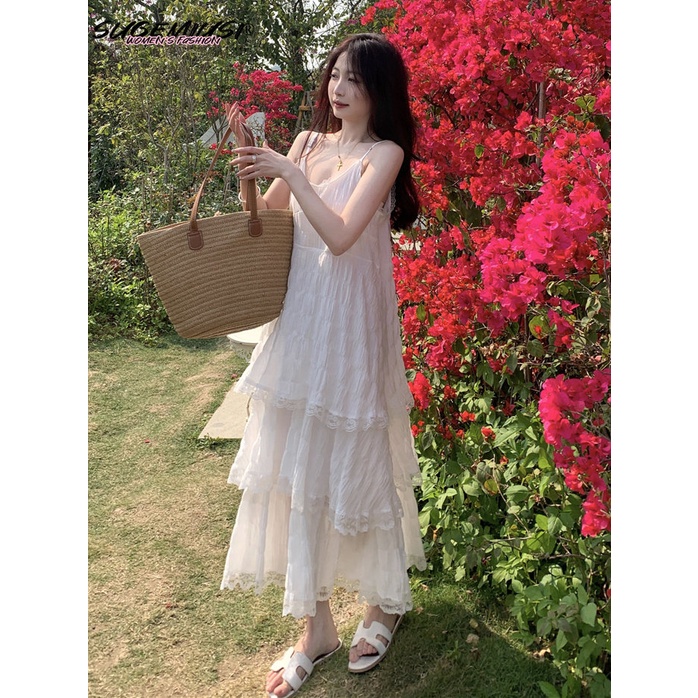 Sugemiusi Đầm Tầng Hai Dây Phối Ren Dáng Ôm Dài Vừa Vặn Cho Nữ