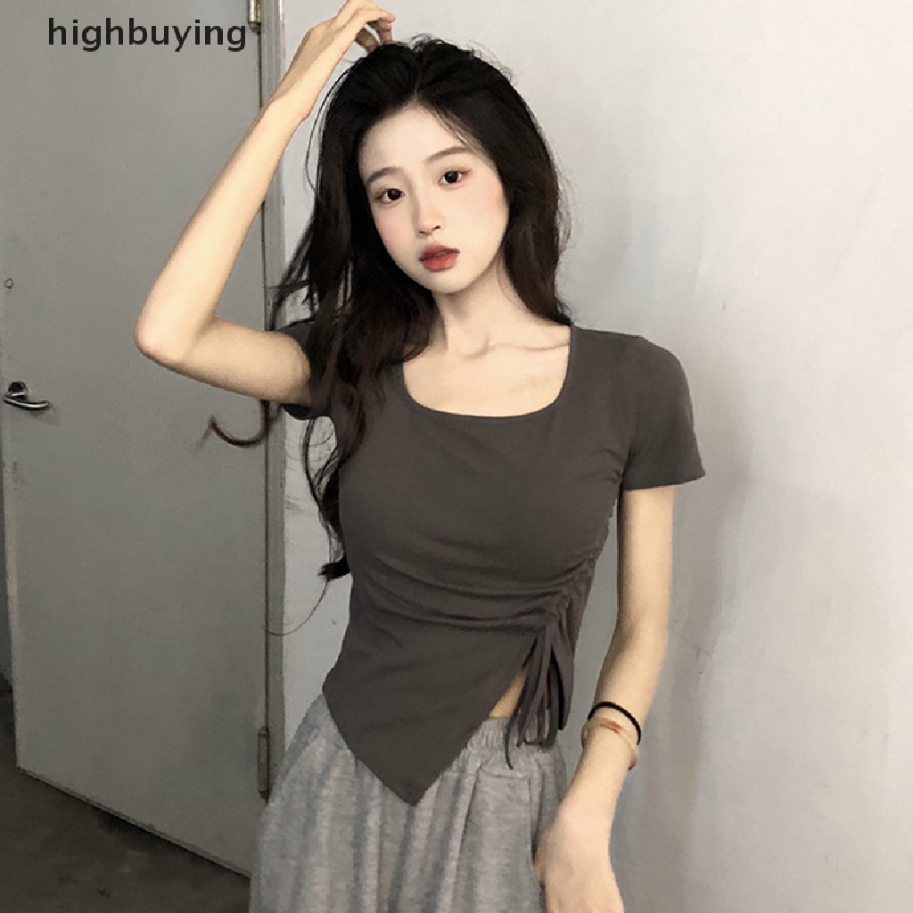 Áo Thun Tay Ngắn Cổ Vuông Màu Sắc Đơn Giản Cho Nữ