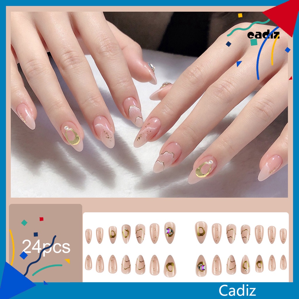 1 Bộ 24 Móng Tay Giả Có Keo Dạng Nhấn Màu Hồng Lấp Lánh Phong Cách Pháp Cho Salon