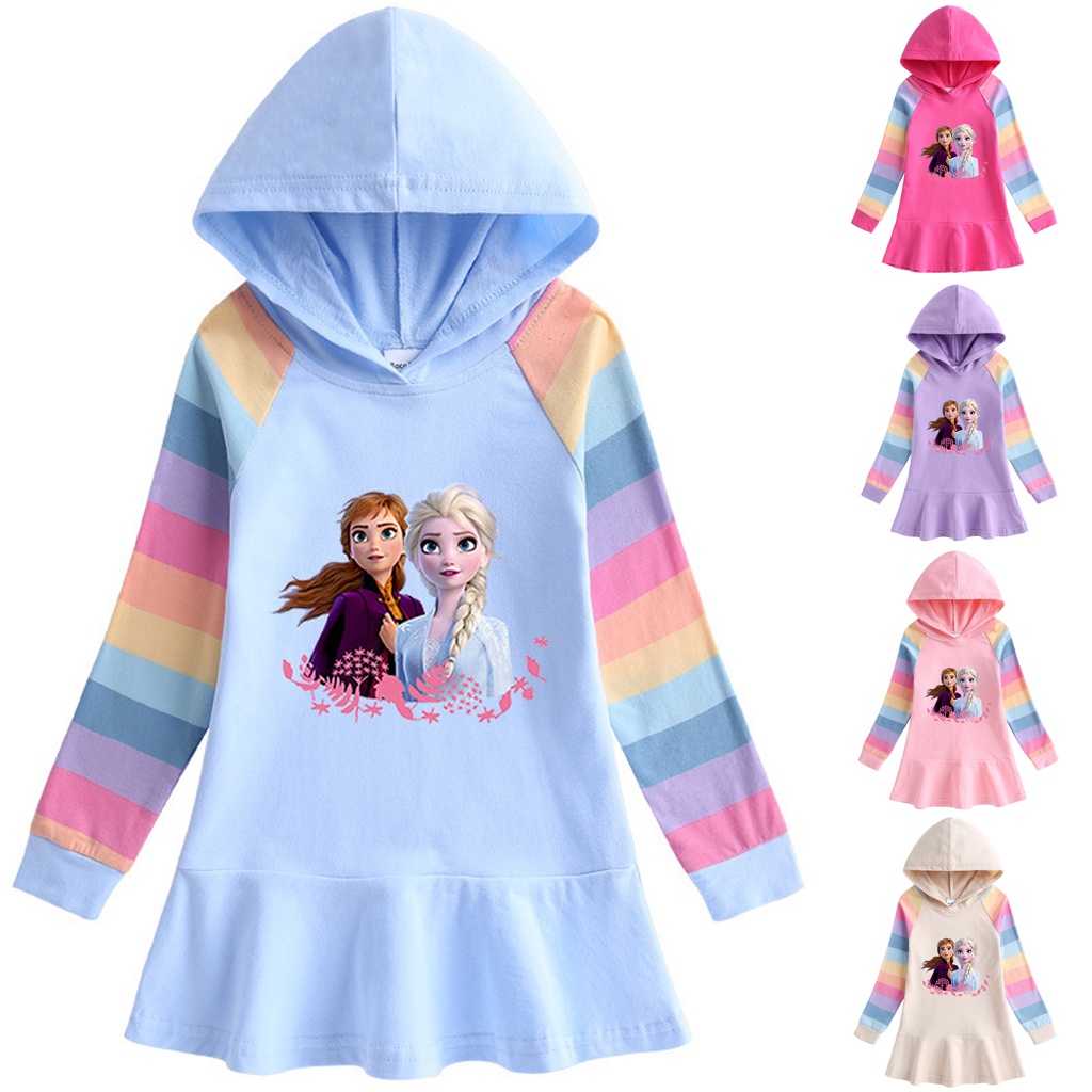Đầm Hoodie Tay Dài In Hình Elsa Anna Hoạt Hình Dành Cho Bé Gái