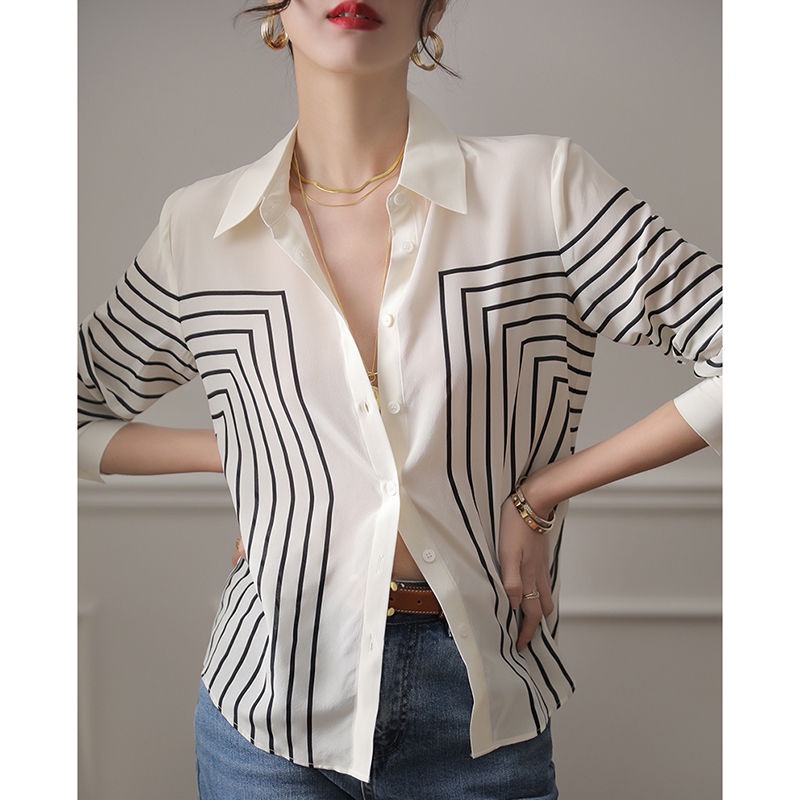 Áo Sơ Mi Tay Dài Dáng Rộng Họa Tiết Kẻ Sọc Thời Trang Sang Trọng Cho Nữ