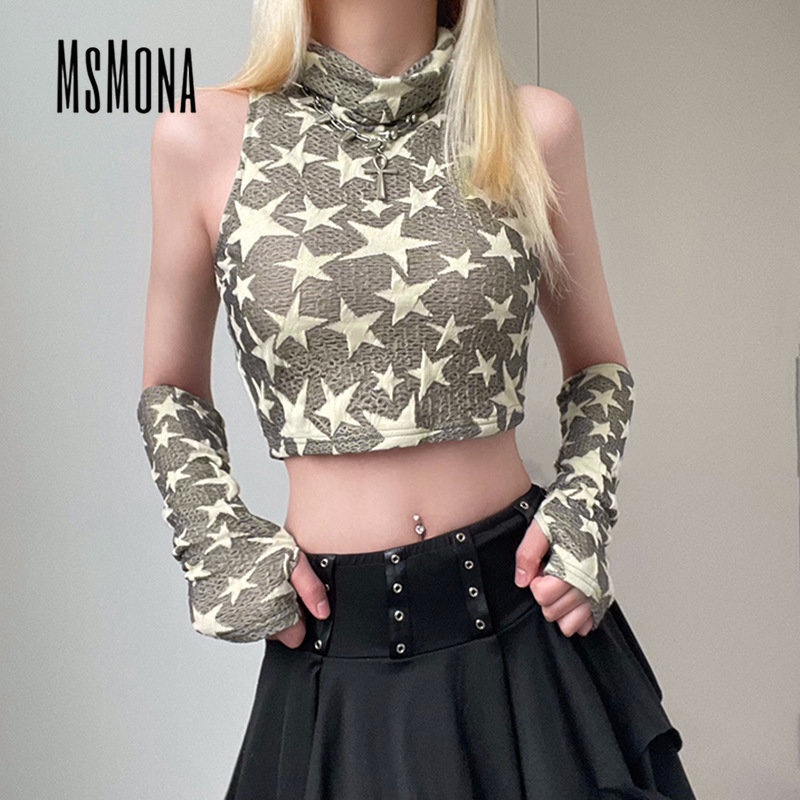 Áo Tank Top Cổ Cao Tay Dài Dáng Ôm In Họa Tiết Ngôi Sao Màu Tương Phản Thời Trang 2023 Cho Bạn Gái