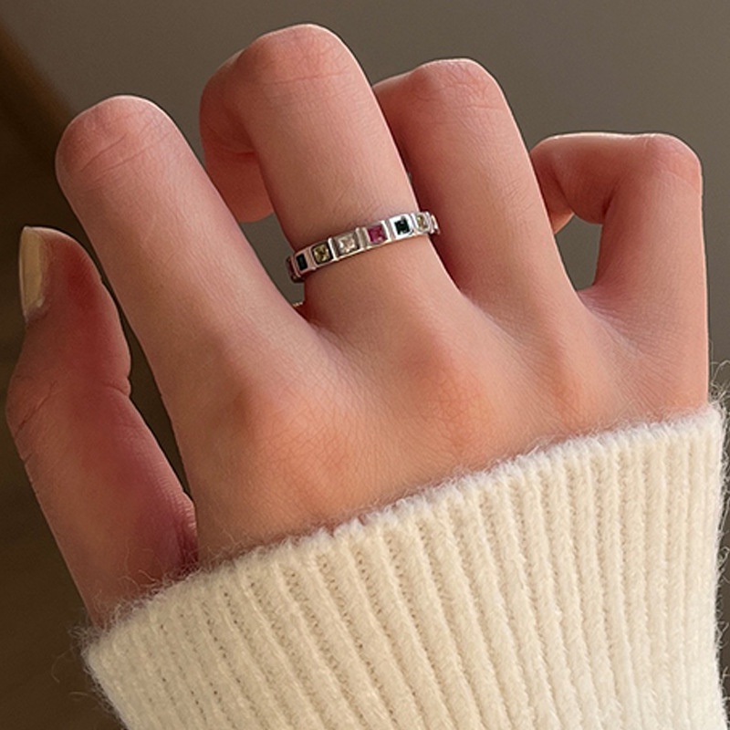 Nhẫn Hở Đính Đá Zircon Hình Vuông Nhiều Màu Sắc Phong Cách Hàn Quốc Cá Tính Dễ Phối Đồ