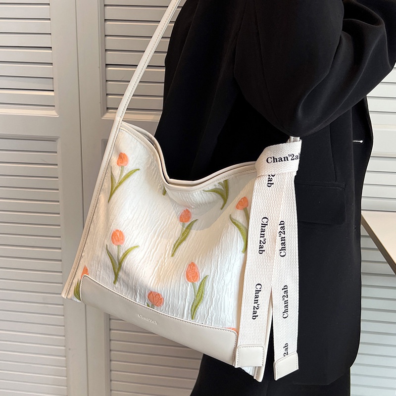 Túi tote Đeo Vai Sức Chứa Lớn Thêu Họa Tiết Hoa tulip Dễ Phối Đồ Thời Trang Cho Nữ