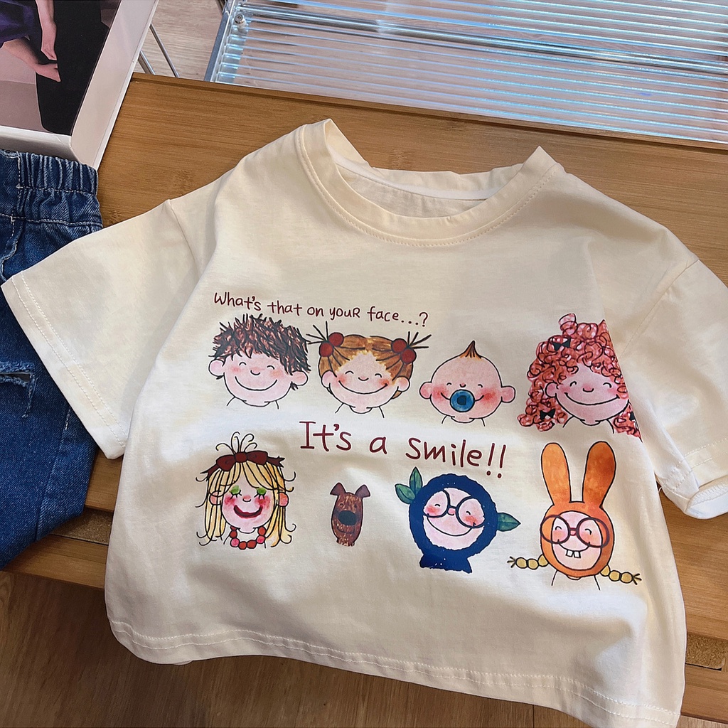 Áo Thun cotton Tay Ngắn Dáng Rộng In Họa Tiết Hoạt Hình Dễ Thương Cho Bé Gái