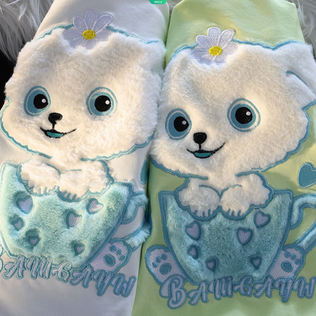 Áo Thun Tay Ngắn Dáng Rộng Thêu Hình Cún Bông Dễ Thương Thời Trang Mùa Hè 2023 Cho Nữ