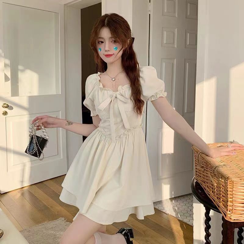 Đầm Ngắn Tay Phồng Đính Nơ Ren Thời Trang Mùa Hè Pháp Cổ Điển Kiểu Mới 2023 Cho Bạn Gái