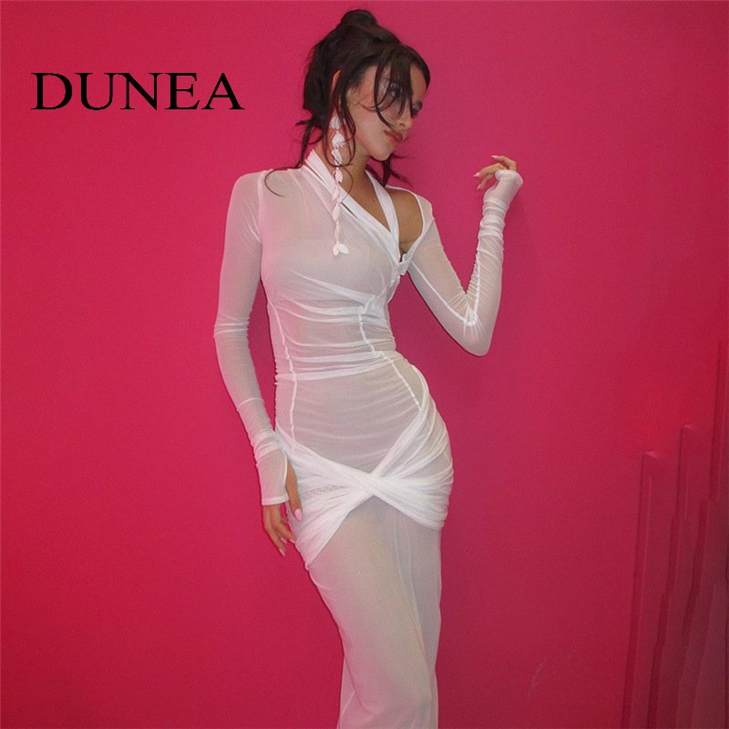 Đầm maxi DUNEA trễ vai phối lưới xuyên thấu thời trang quyến rũ