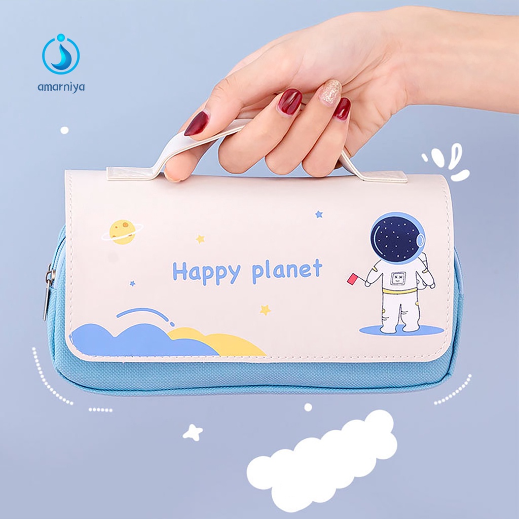 (Shop Amart) Túi Đựng Bút 2 Ngăn Đa Năng Bằng Vải Canvas In Hình Phi Hành Gia