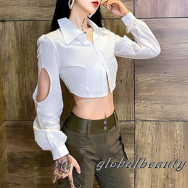 Áo Croptop Tay Dài Cổ Bẻ Màu Trơn Dáng Ôm Cài Khuy Thời Trang Mùa Xuân Dành Cho Bạn Nữ