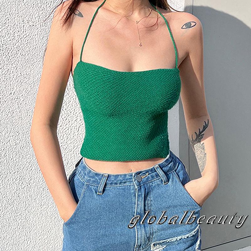 Áo Crop Top Hai Dây Dệt Kim Hở Lưng Màu Trơn Thời Trang Mùa Hè Cho Nữ