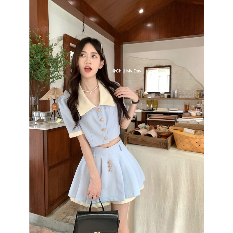 Set Áo Lửng Cổ Bẻ Dài Tay + Quần short Lưng Cao Thời Trang Nữ