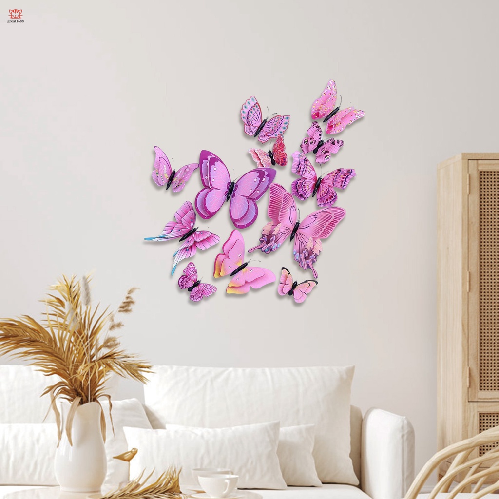 12 Sticker Dán Tường Họa Tiết 3D Hình Con Bướm Dùng Trong Trang Trí Phòng