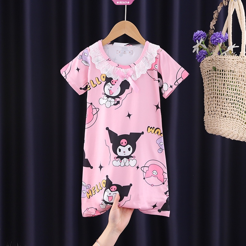 Đầm Ngủ Ngắn Tay In Hoạt Hình My Melody Cinnamoroll Kuromi Dễ Thương Cho Bé Gái